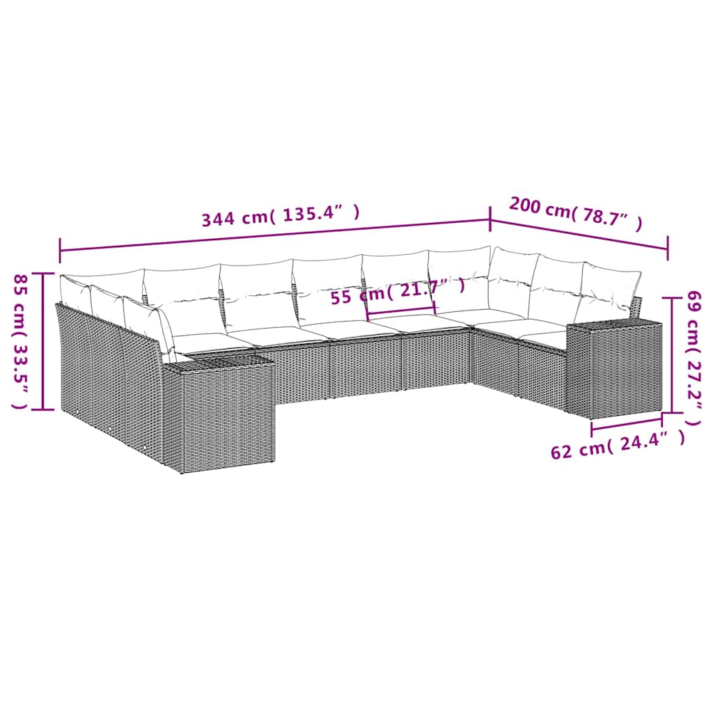 10 pcs conj. sofás jardim com almofadões vime PE cinzento-claro