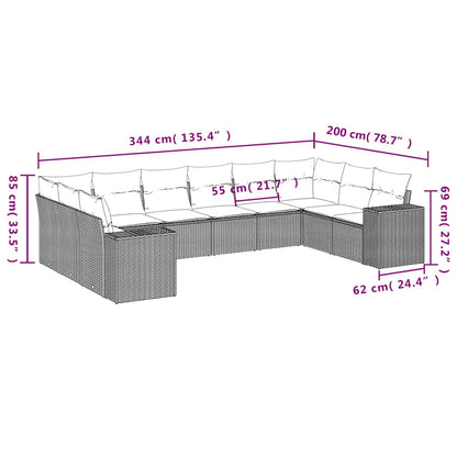 10 pcs conj. sofás jardim com almofadões vime PE cinzento-claro