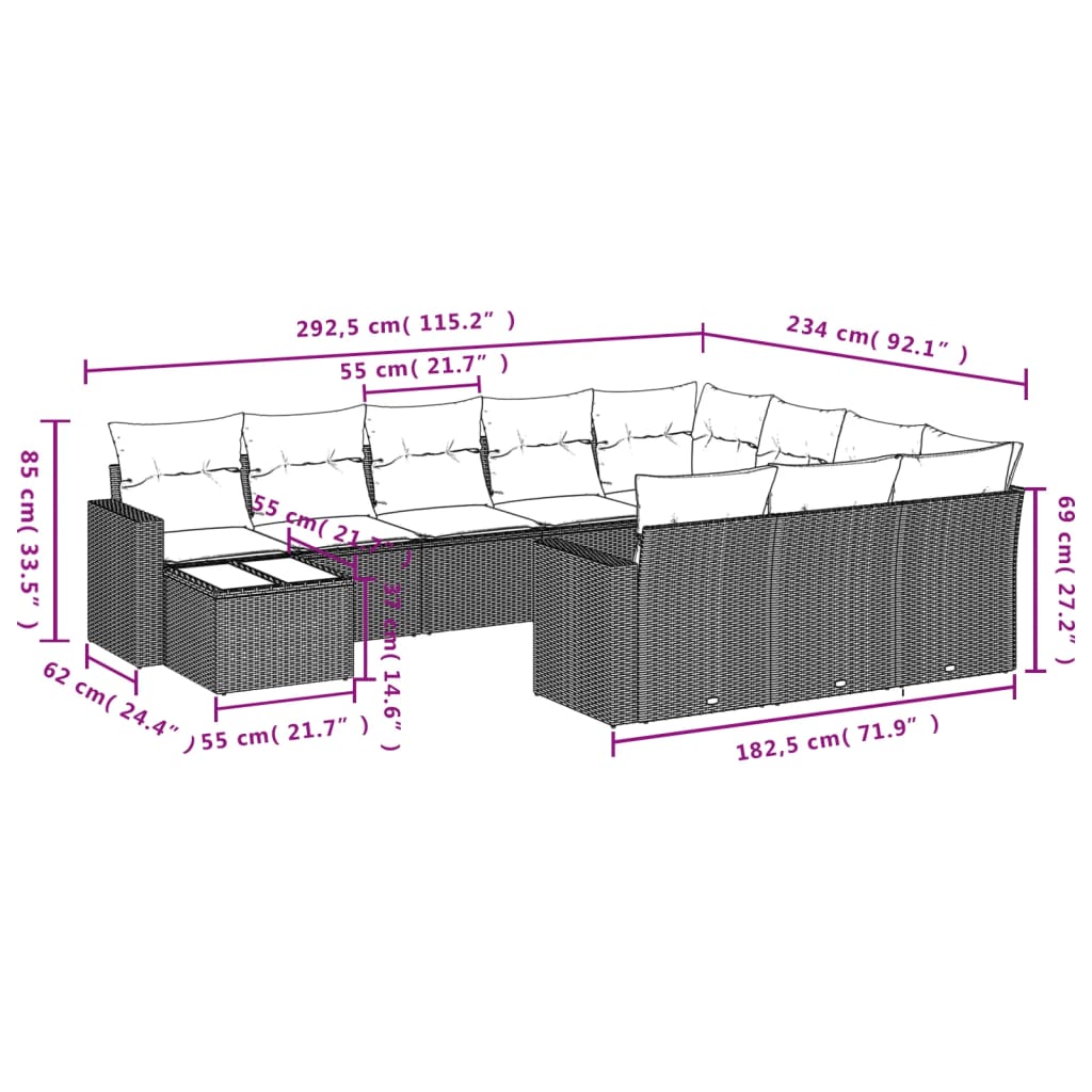 11 pcs conjunto sofás de jardim c/ almofadões vime PE cinzento