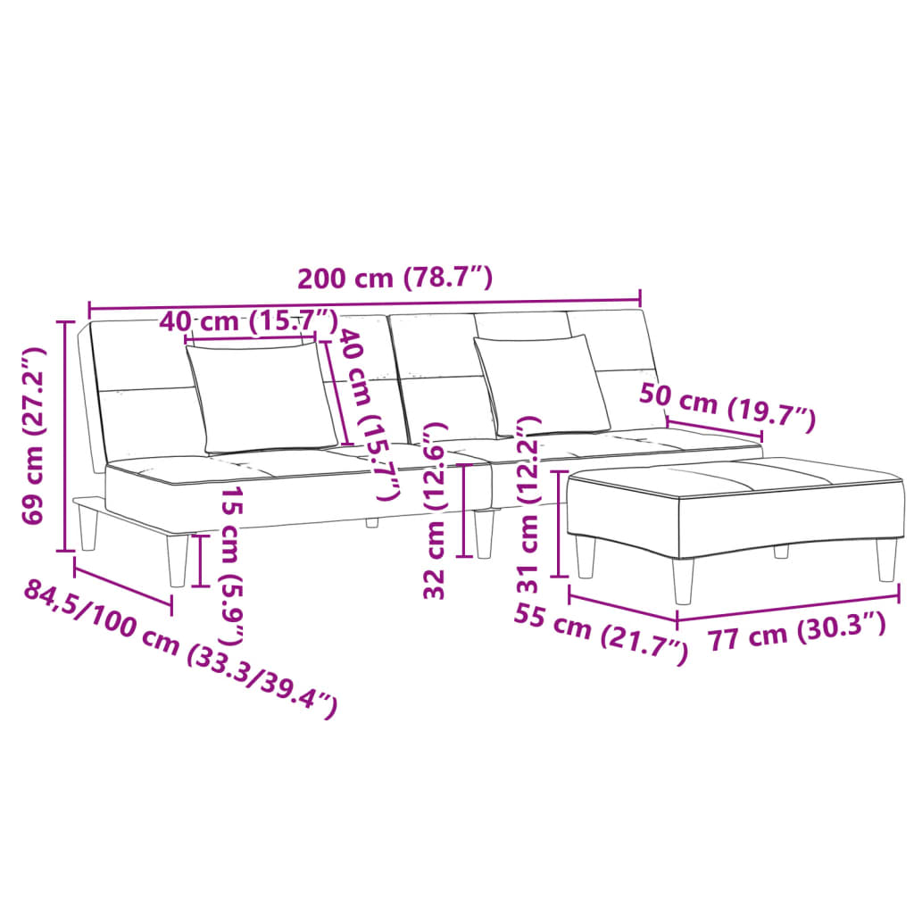 Sofá-cama 2 lugares c/ apoio de pés veludo amarelo