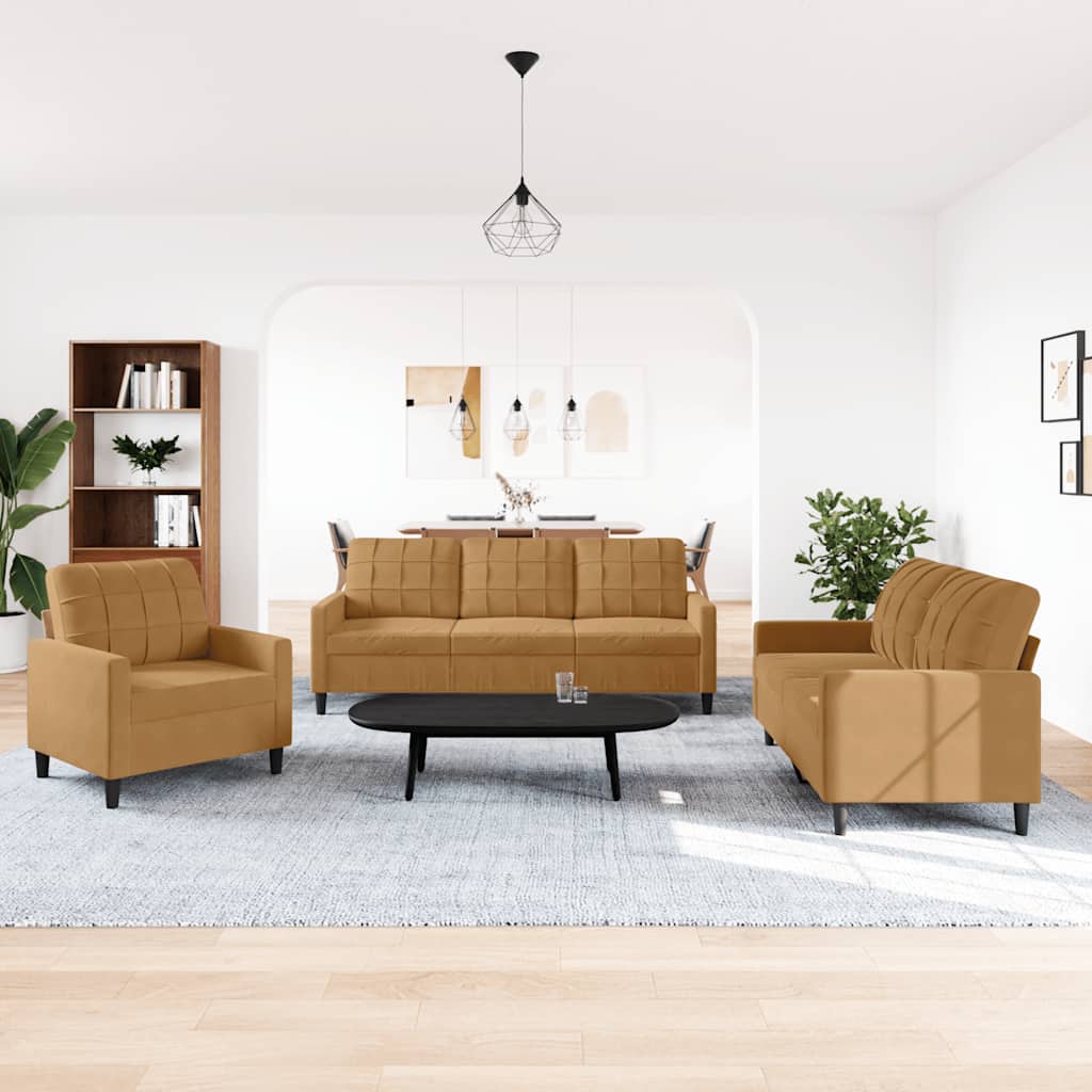 3 pcs conjunto de sofás com almofadões veludo castanho