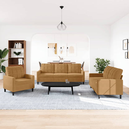 3 pcs conjunto de sofás com almofadões veludo castanho