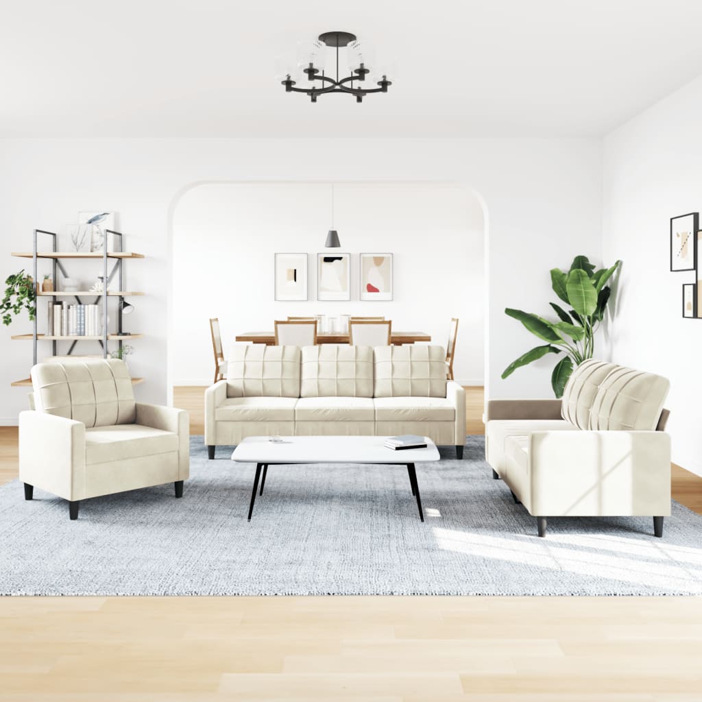 3 pcs conjunto de sofás com almofadões veludo cor creme
