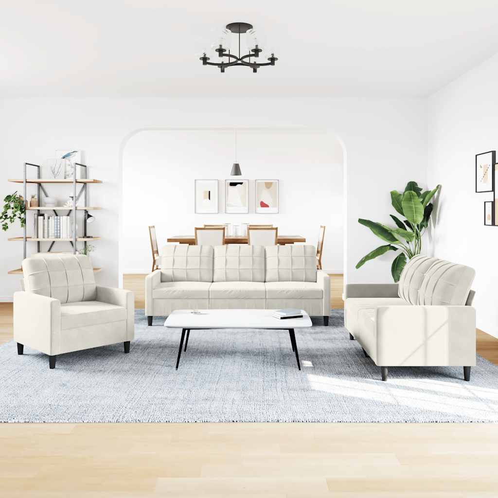 3 pcs conjunto de sofás com almofadões veludo cor creme