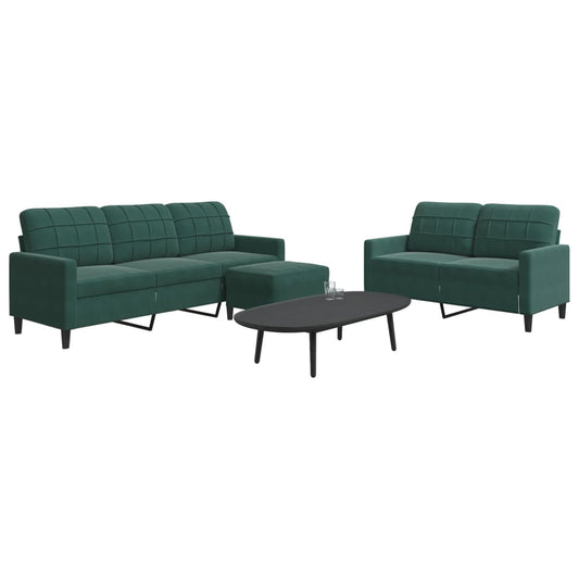 3 pcs conjunto de sofás com almofadões veludo verde-escuro