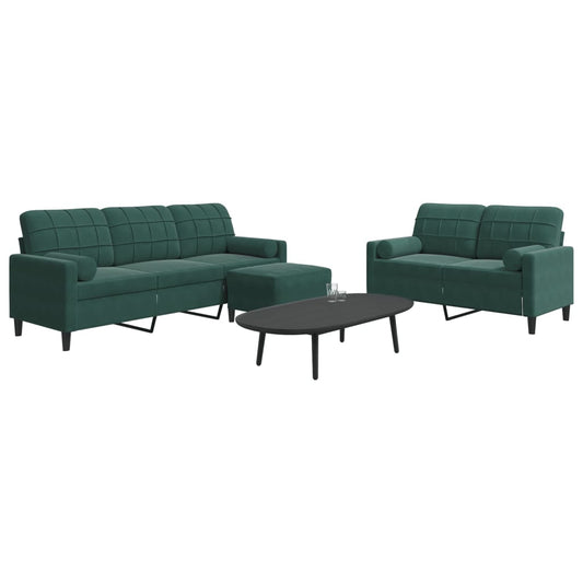3 pcs conjunto sofás com almofadões e rolos veludo verde-escuro