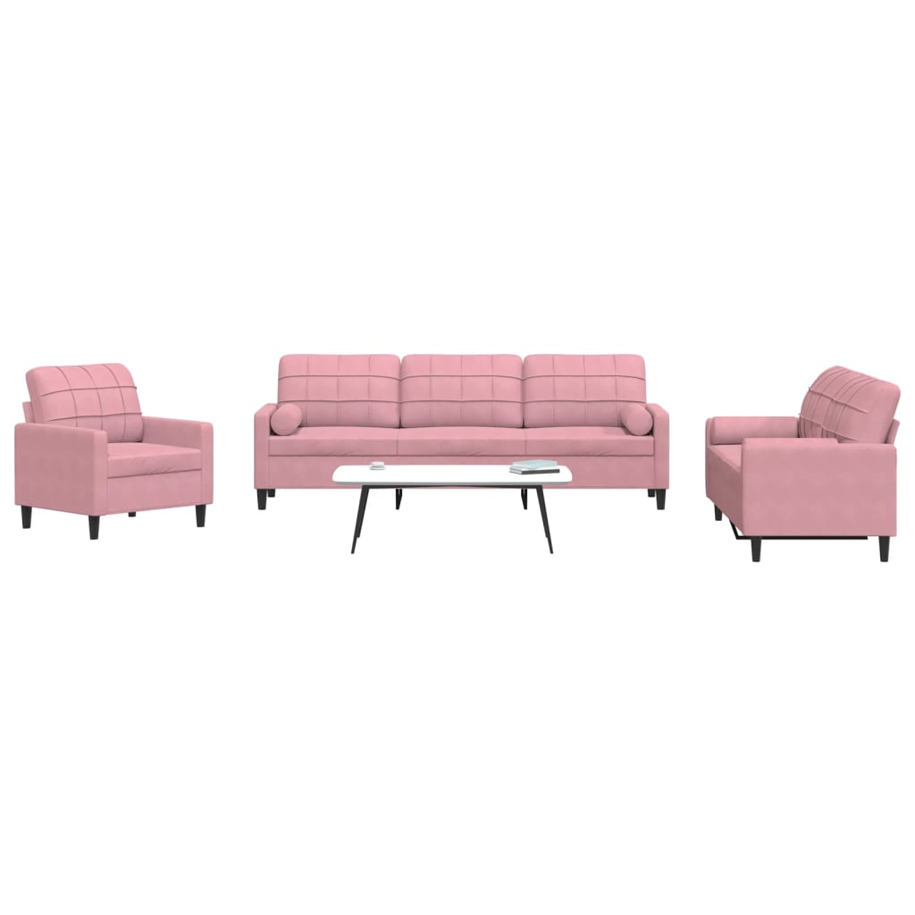 3 pcs conjunto de sofás com almofadões e rolos veludo rosa