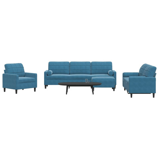 4 pcs conjunto de sofás com almofadões e rolos veludo azul