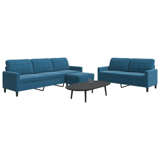 3 pcs conjunto de sofás com almofadões veludo azul