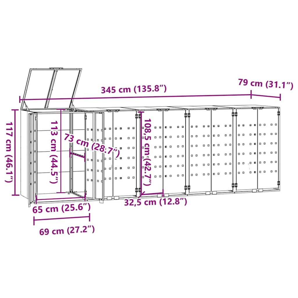 Abrigo para 5 caixotes do lixo 345x79x117 cm aço antracite