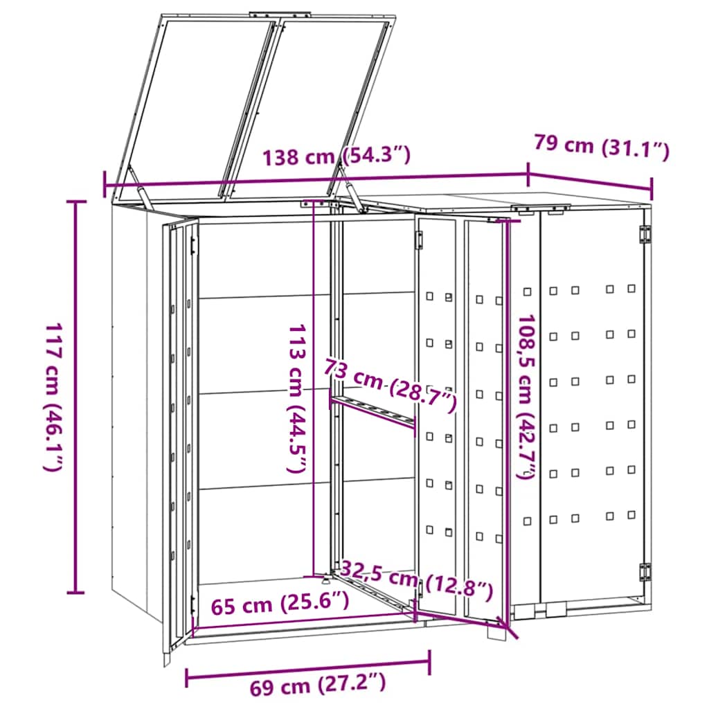 Abrigo para 2 caixotes do lixo 138x79x117 cm aço cinzento