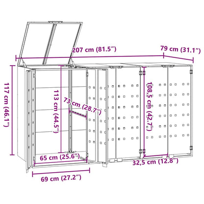 Abrigo para 3 caixotes do lixo 207x79x117 cm aço cinzento