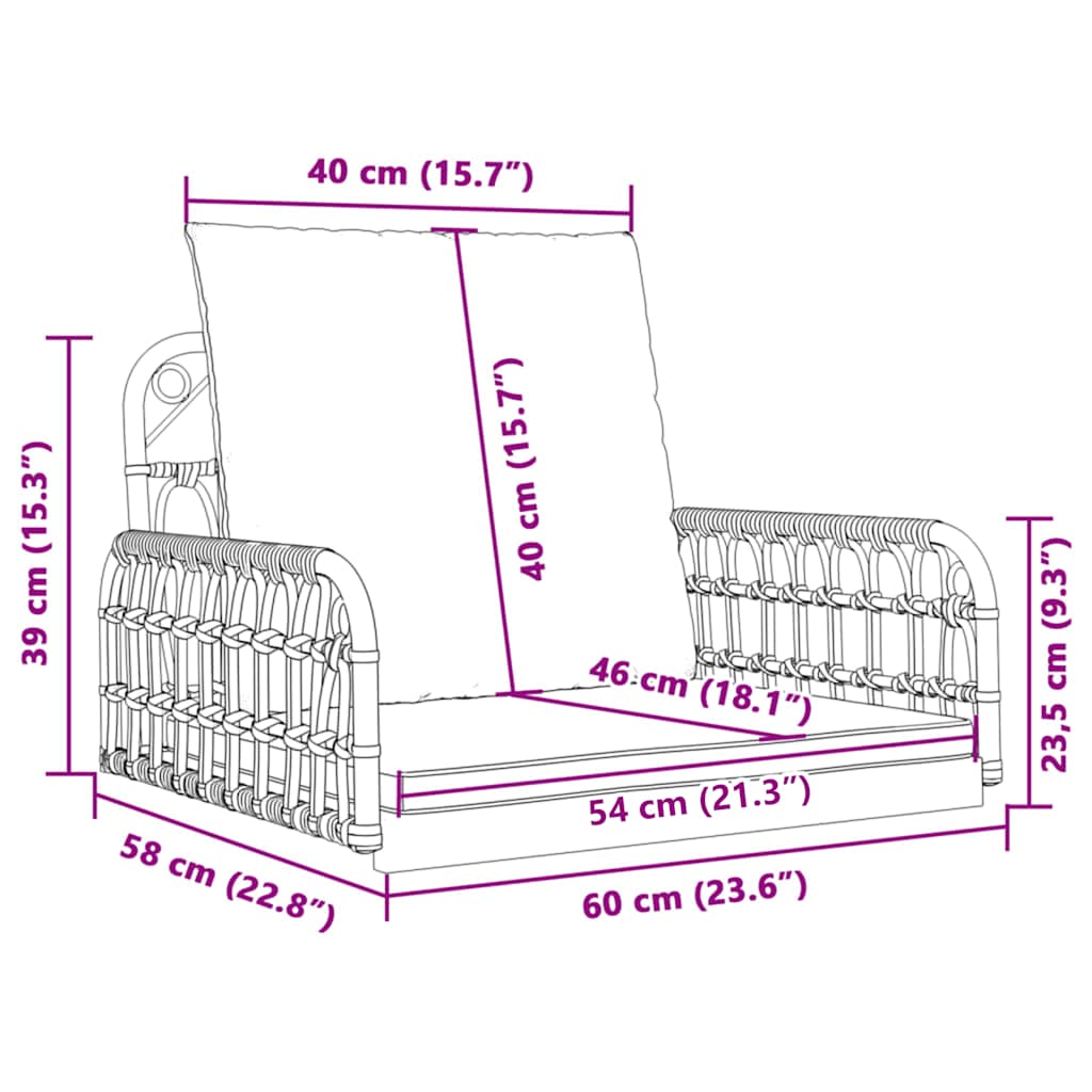 Cadeira de baloiço com almofadões 63x58x39 cm vime PE e aço