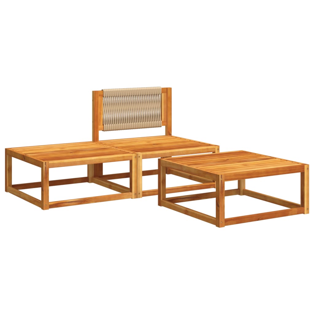 Conjunto de sofás de jardim vidaXL de 3 peças com almofadas de madeira de acácia e corda