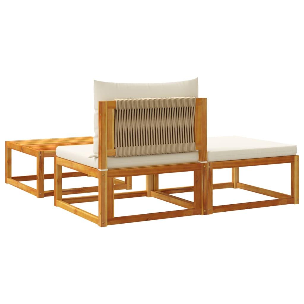 Conjunto de sofás de jardim vidaXL de 3 peças com almofadas de madeira de acácia e corda