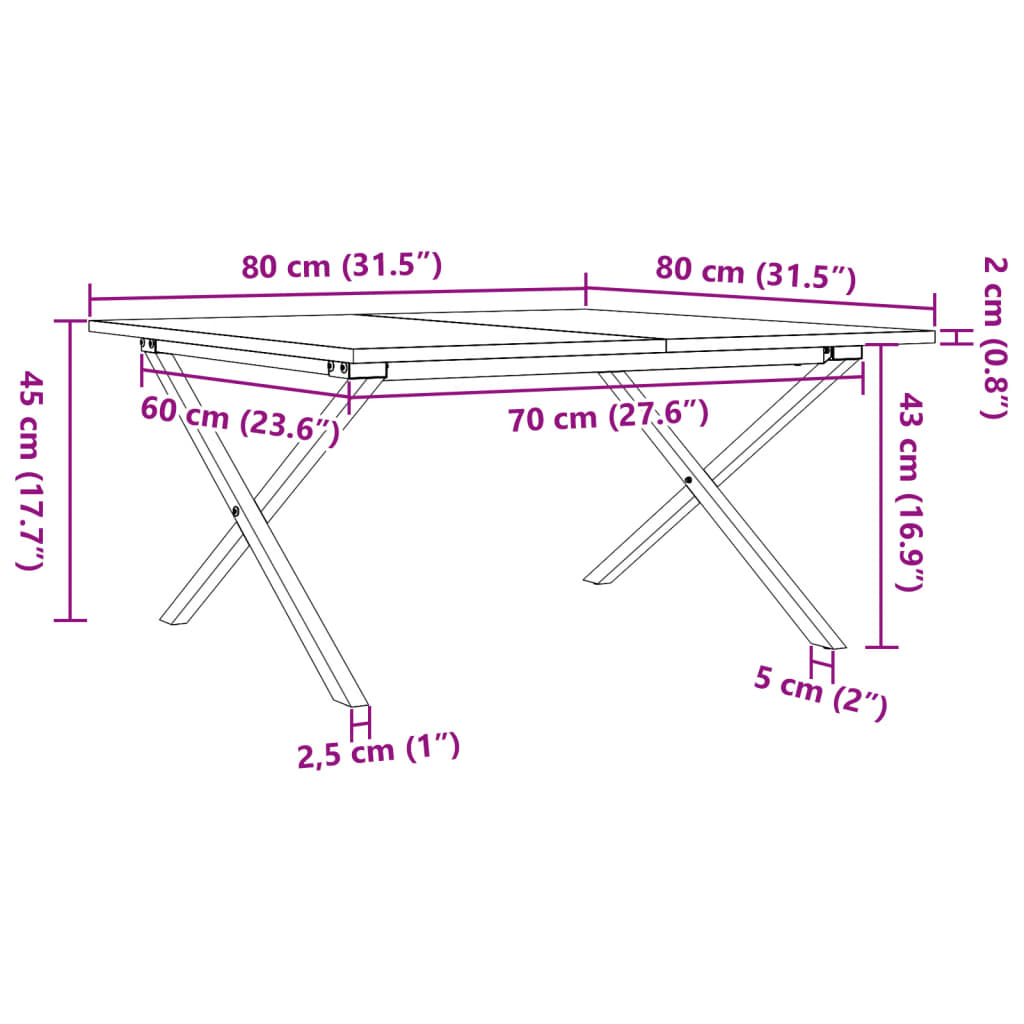 Mesa de centro estrutura em X 80x80x45 cm pinho e aço