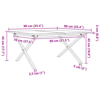 Mesa de centro estrutura em X 90x90x45 cm pinho e aço