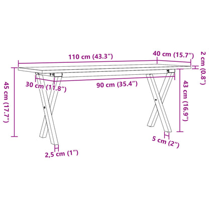 Mesa de centro estrutura em X 110x40x45cm pinho e aço