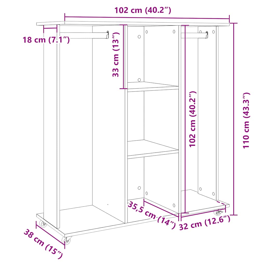 Roupeiro com rodas 102x38x110 cm derivados de madeira branco
