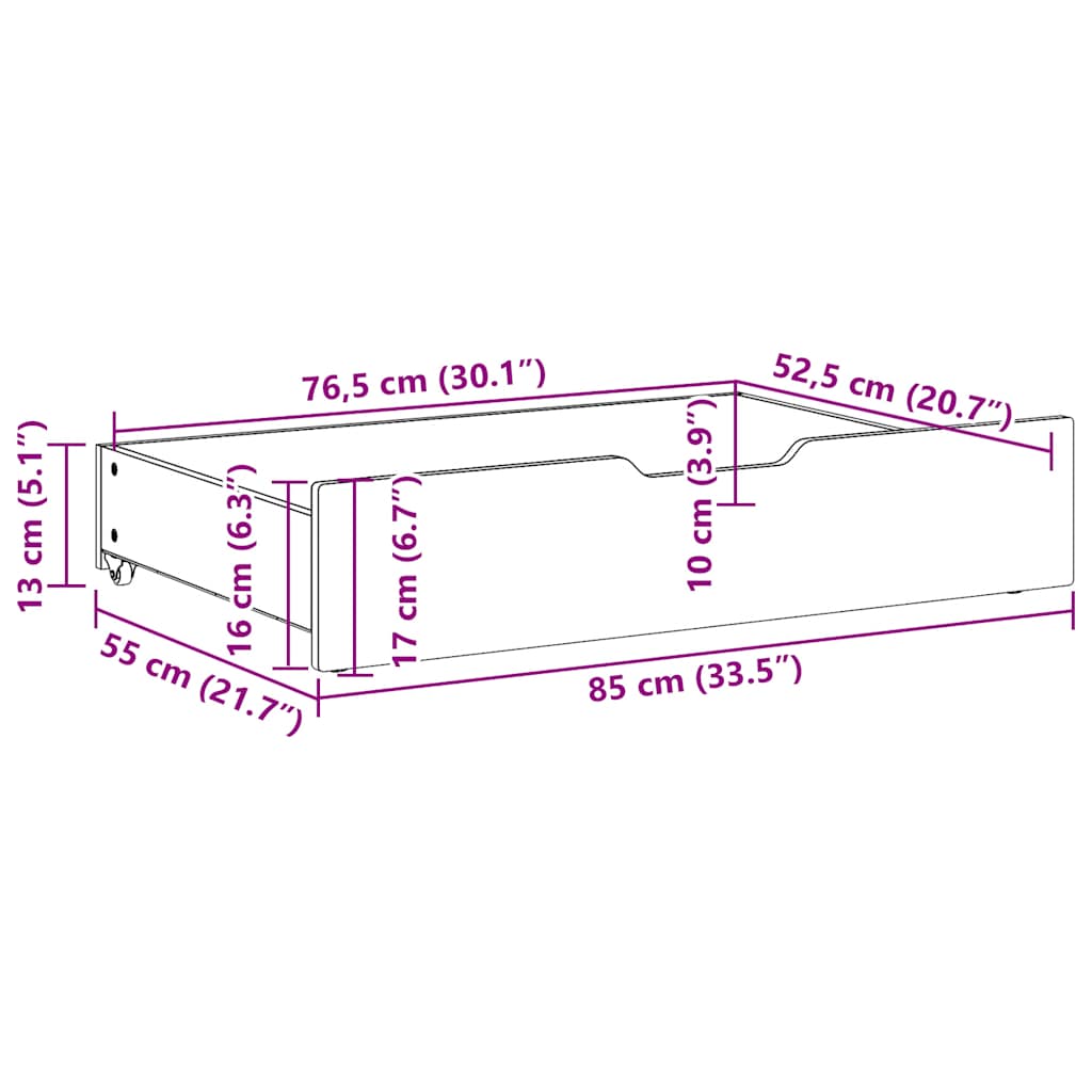 Gavetas para cama com rodas 2 pcs 85x55x17 cm pinho maciço