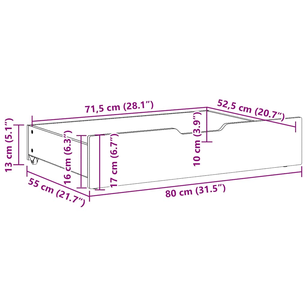 Gavetas para cama com rodas 2 pcs 80x55x17 cm pinho maciço