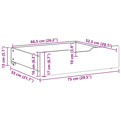 Gavetas para cama com rodas 2 pcs 75x55x17 cm pinho maciço