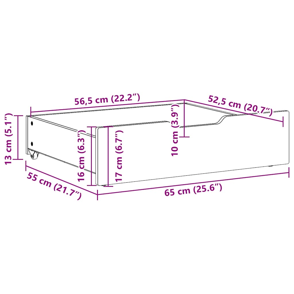 Gavetas para cama 2 pcs 65x55x17 cm pinho maciço branco