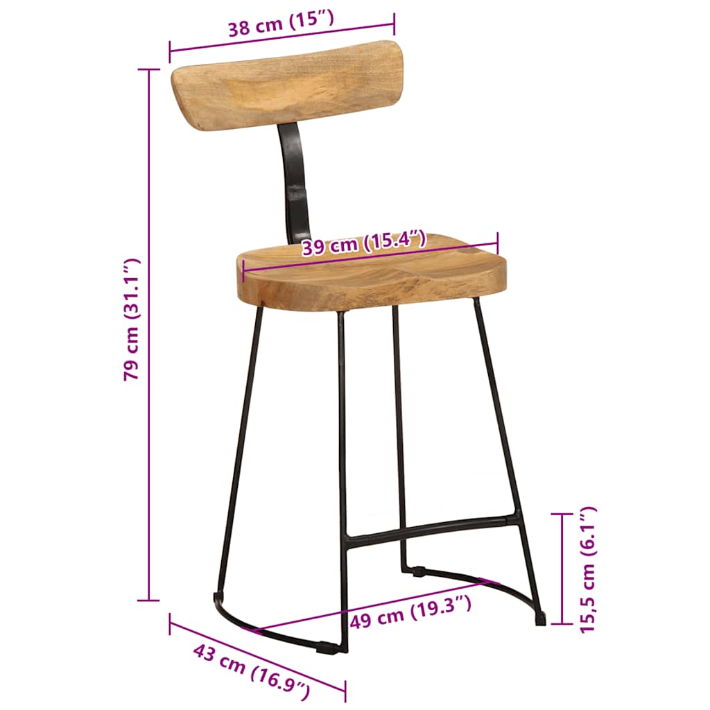 Bancos de bar 2 pcs 49x43x79 cm madeira de mangueira maciça