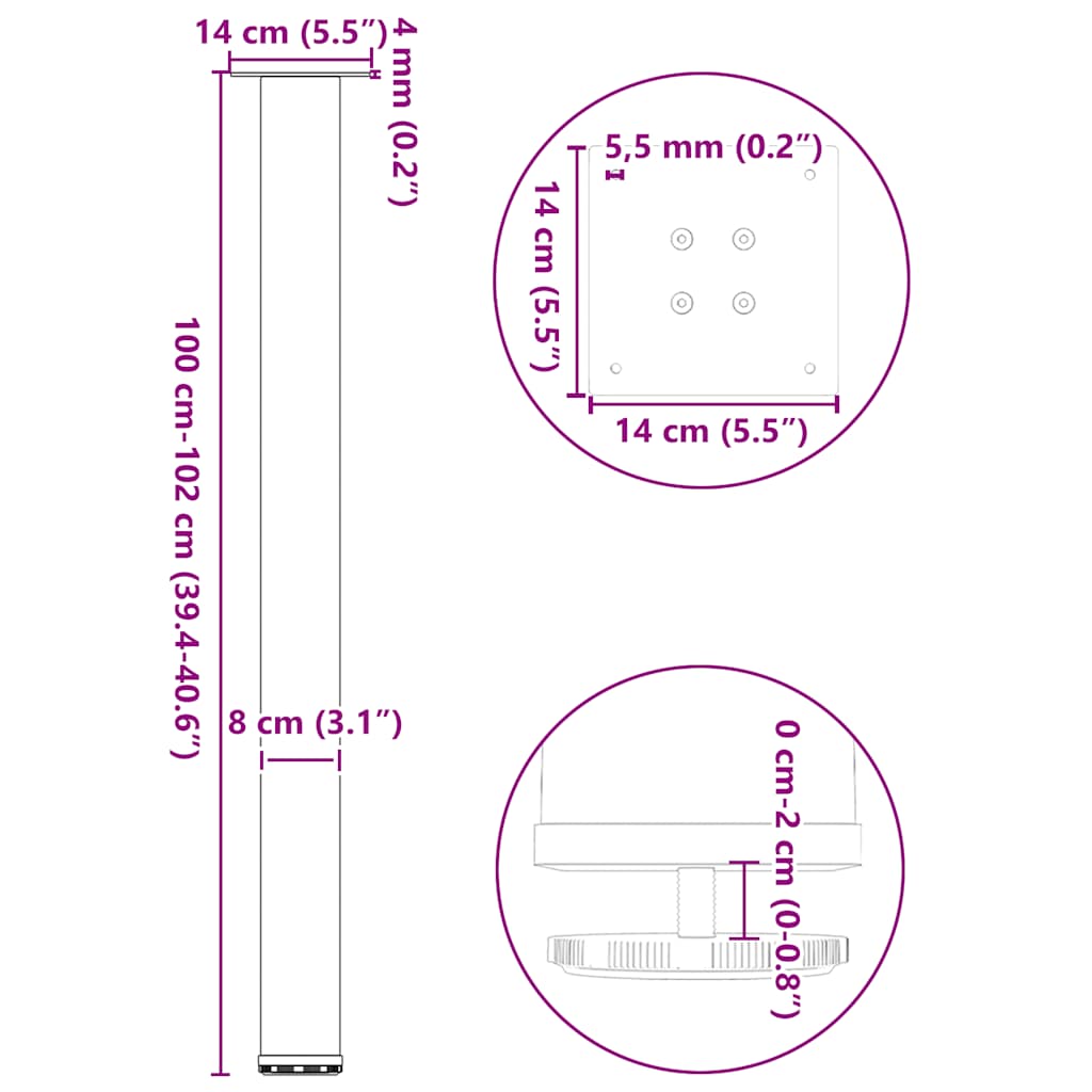 Pés para mesa de bar 4 peças, preto, 100-102 cm, aço