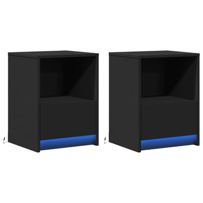 Mesas de cabeceira c/ luzes LED 2 pcs derivados madeira preto