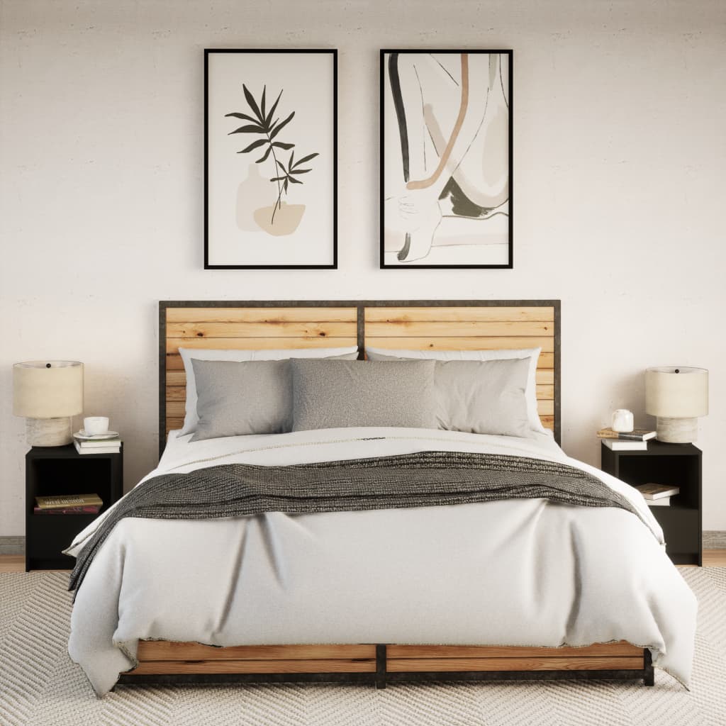 Mesas de cabeceira c/ luzes LED 2 pcs derivados madeira preto