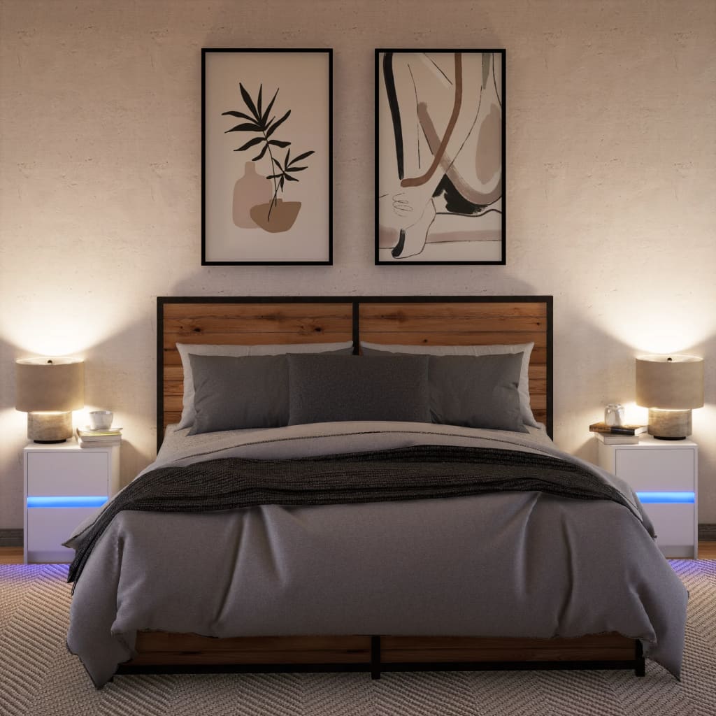 Mesas de cabeceira c/ luzes LED 2 pcs derivados madeira branco