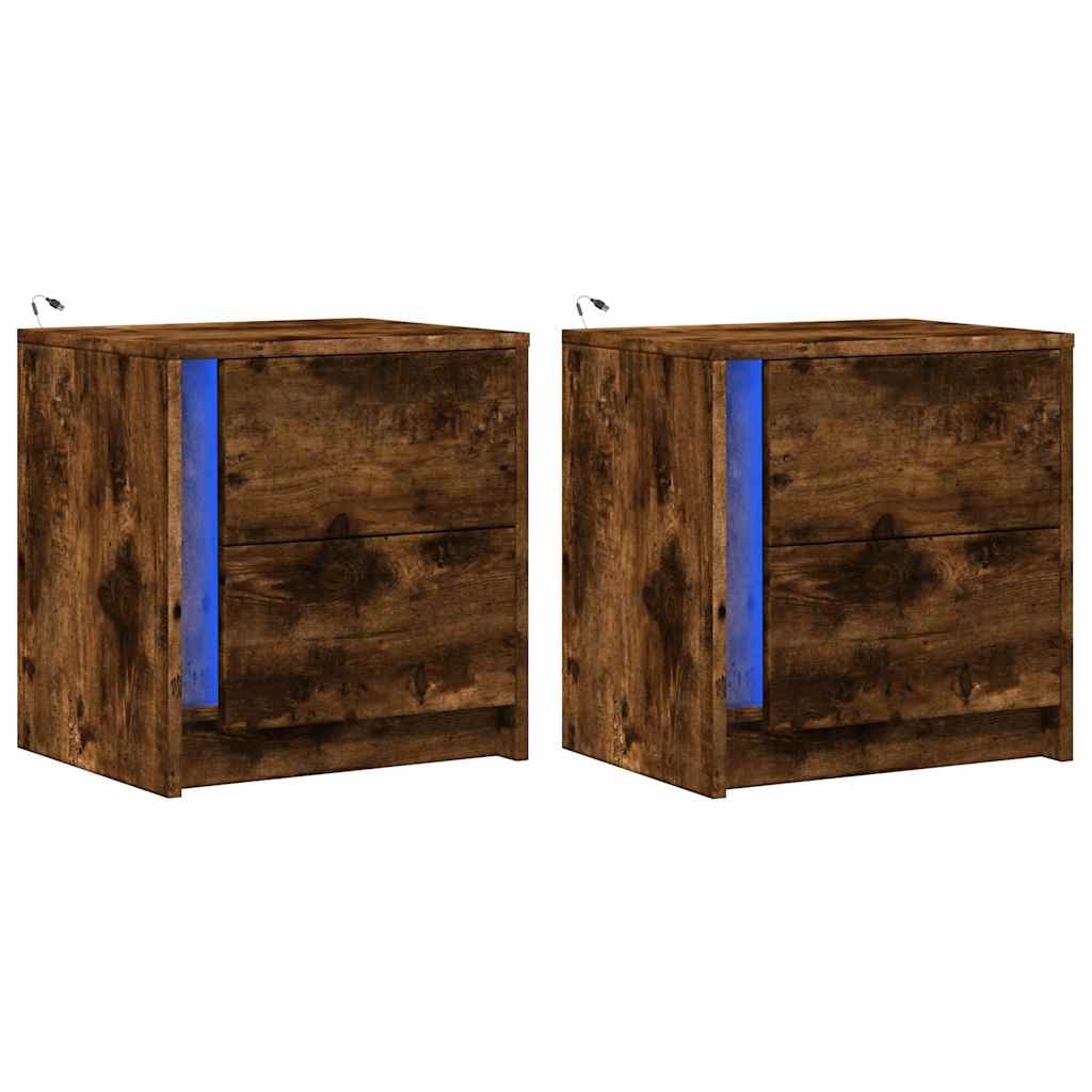 Mesas cabeceira c/ LEDs 2 pcs derivados madeira carvalho fumado