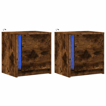 Mesas cabeceira c/ LEDs 2 pcs derivados madeira carvalho fumado