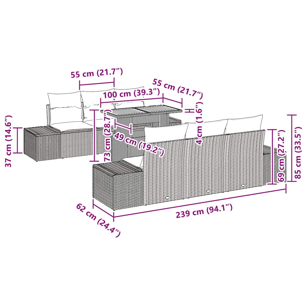 Conjunto de Jantar para Jardim com almofada 7 pcs Bege e Cinza