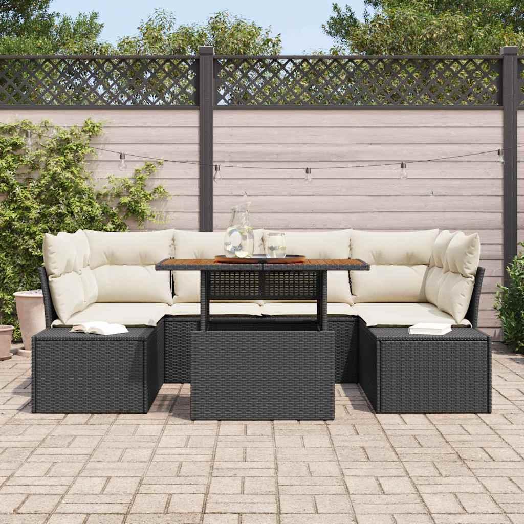 Conjunto de Jantar para Jardim com almofada 7 pcs Preto e Creme