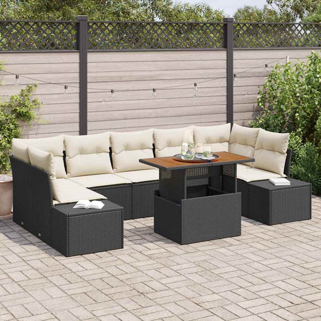 Conjunto de Jantar para Jardim com almofada 8 pcs Preto e Creme