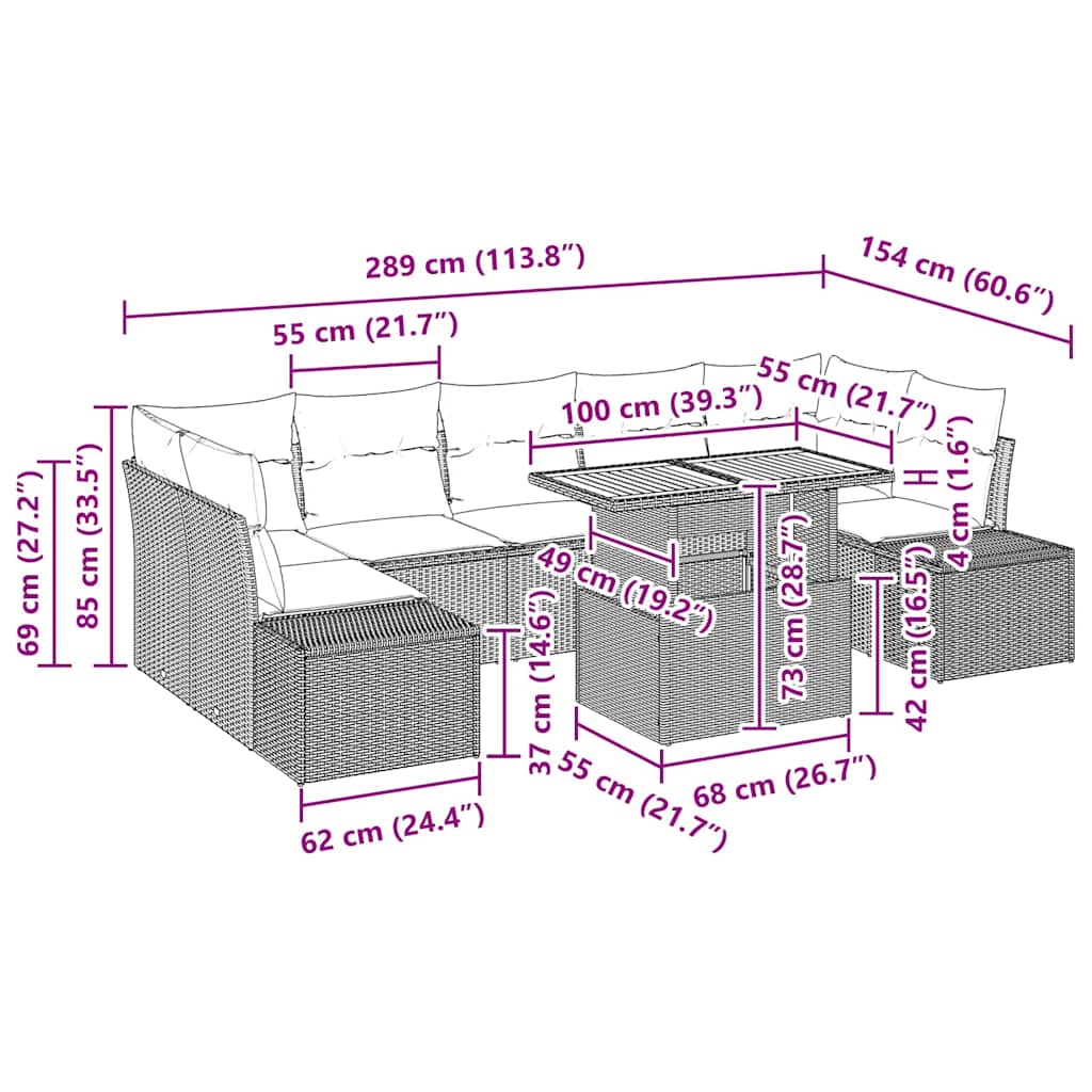 Conjunto de Jantar para Jardim com almofada 8 pcs Bege e Creme