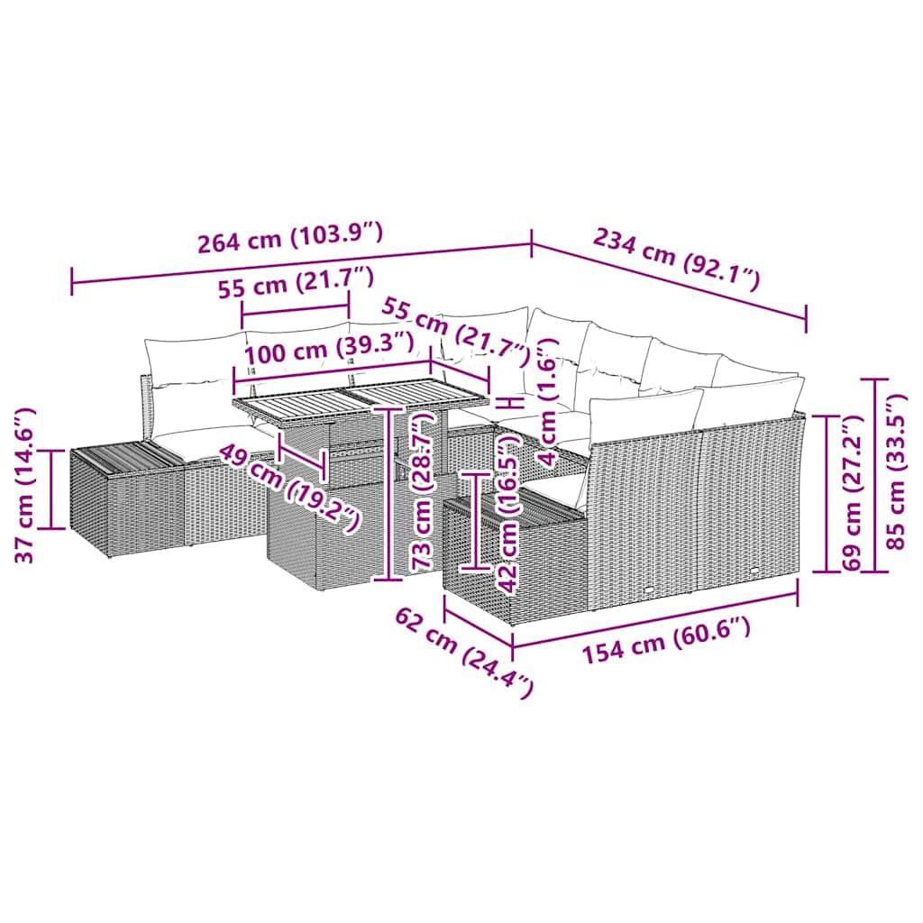 Conjunto de Jantar para Jardim com almofada 9 pcs Bege e Creme