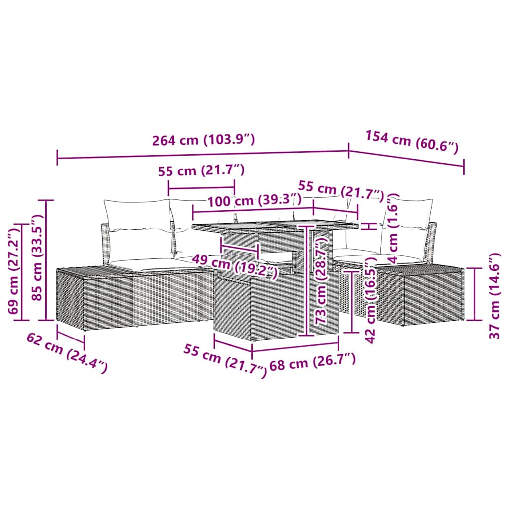 Conjunto de Jantar para Jardim com almofada 6 pcs Preto e Creme