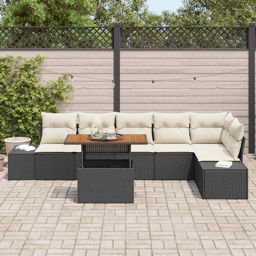 Conjunto de Jantar para Jardim com almofada 7 pcs Preto e Creme