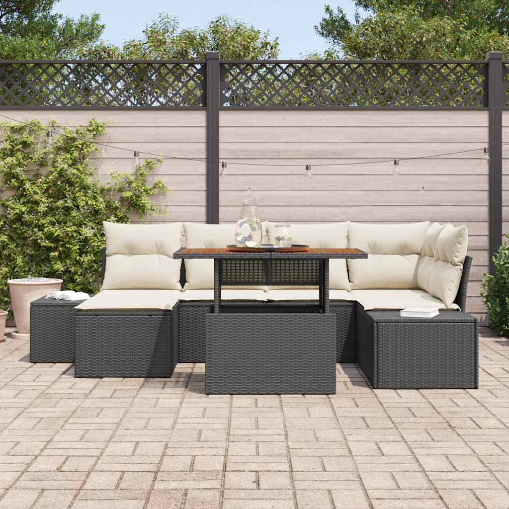 Conjunto de Jantar para Jardim com almofada 7 pcs Preto e Creme