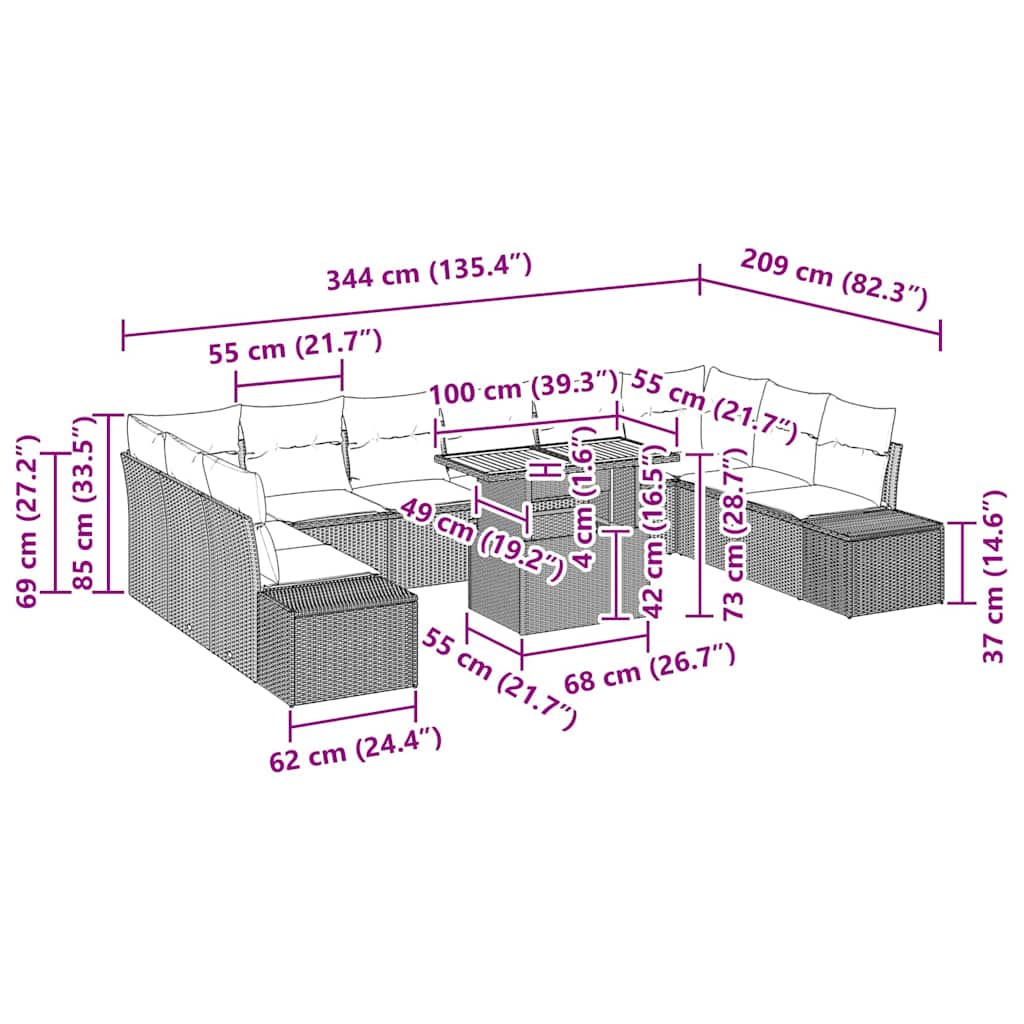 Conjunto de Sofá de Jardim com almofada 11 pcs Preto e Creme