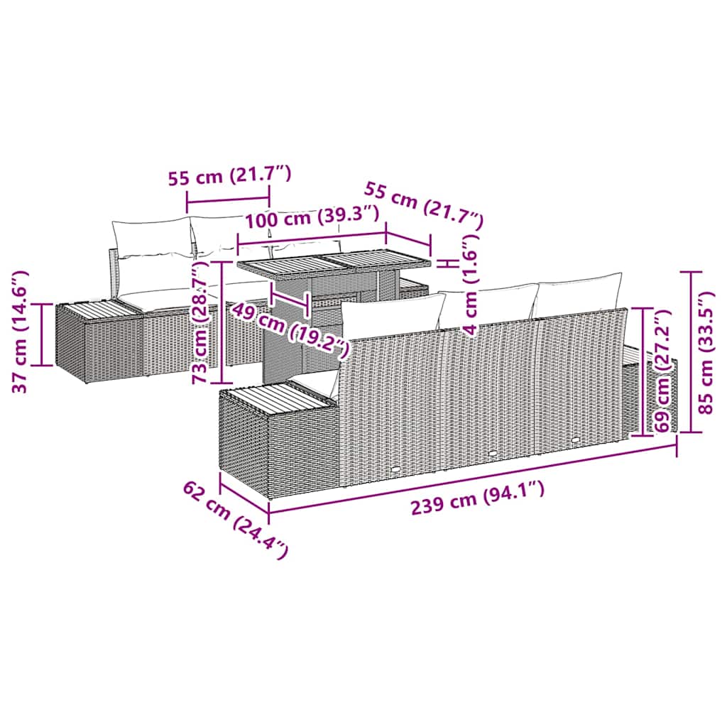 Conjunto de Jantar para Jardim com almofada 7 pcs Bege e Cinza