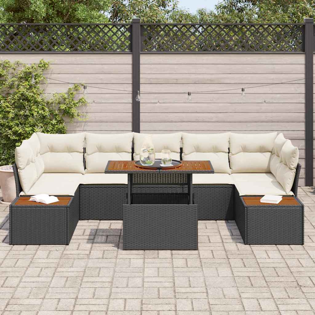 Conjunto de Jantar para Jardim com almofada 8 pcs Preto e Bege