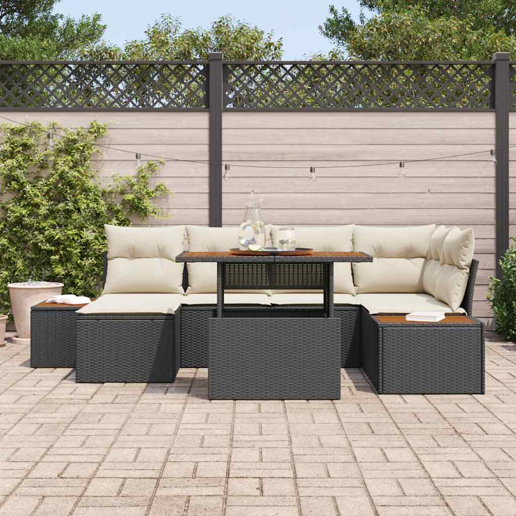 Conjunto de Jantar para Jardim com almofada 7 pcs Preto e Bege