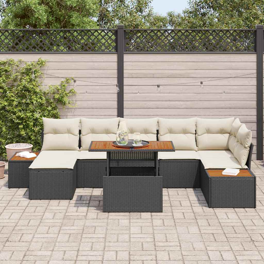 Conjunto de Jantar para Jardim com almofada 8 pcs Preto e Bege