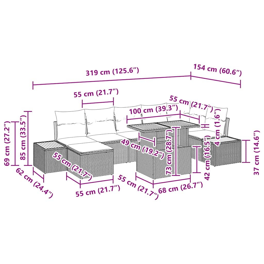Conjunto de Jantar para Jardim com almofada 8 pcs Preto e Bege