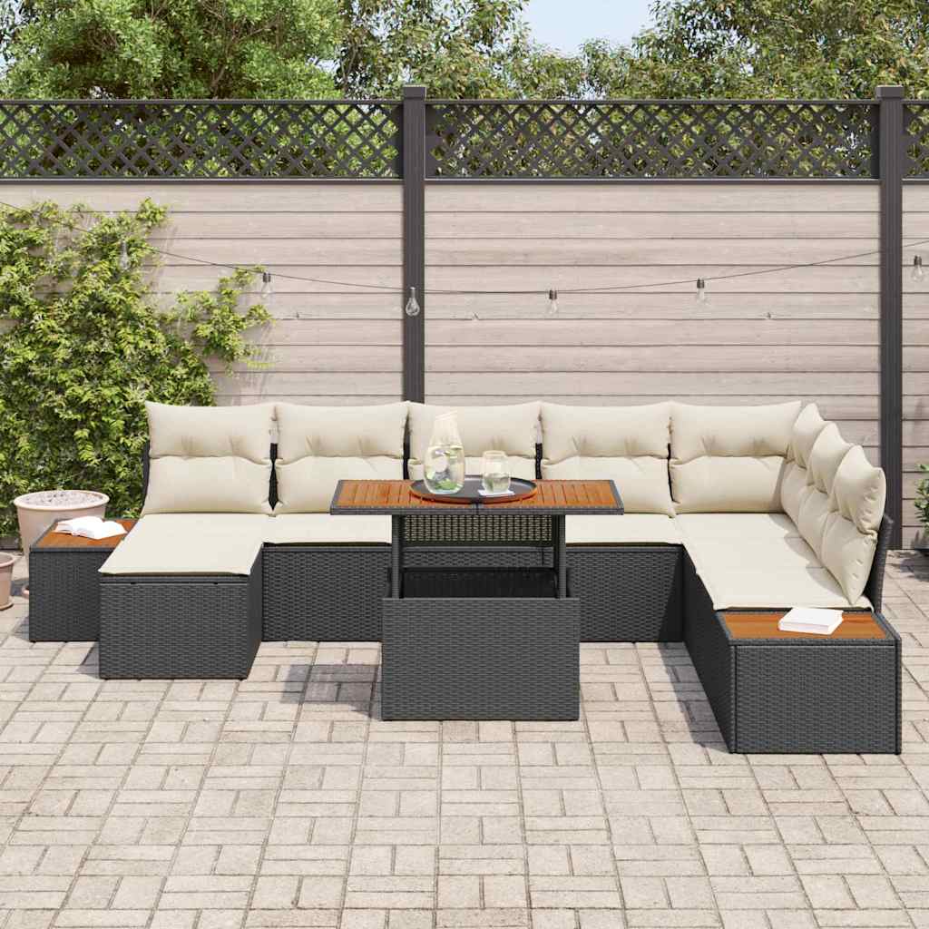 Conjunto de Jantar para Jardim com almofada 9 pcs Preto e Bege