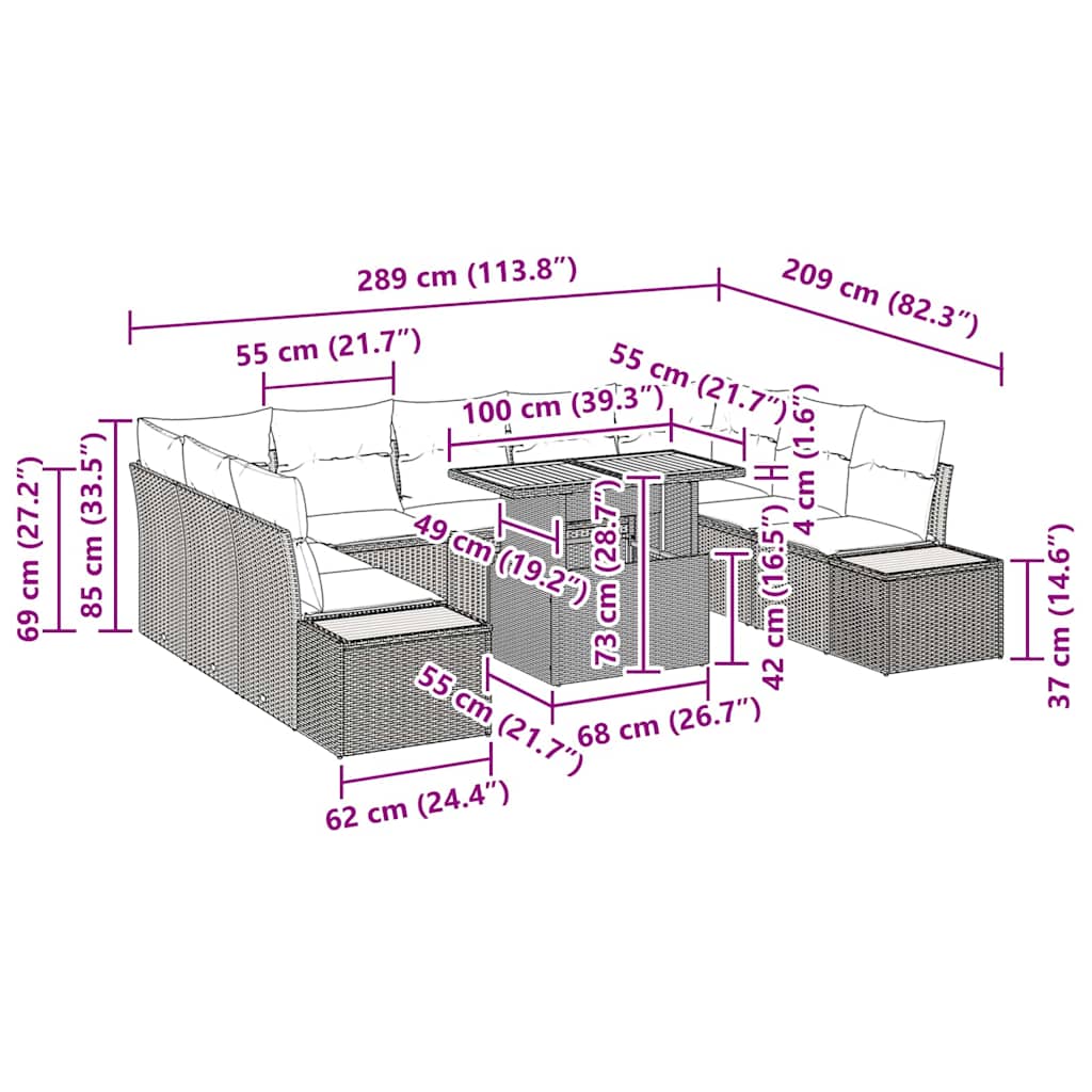 Conjunto de Jantar para Jardim com almofada 10 pcs Bege e Cinza